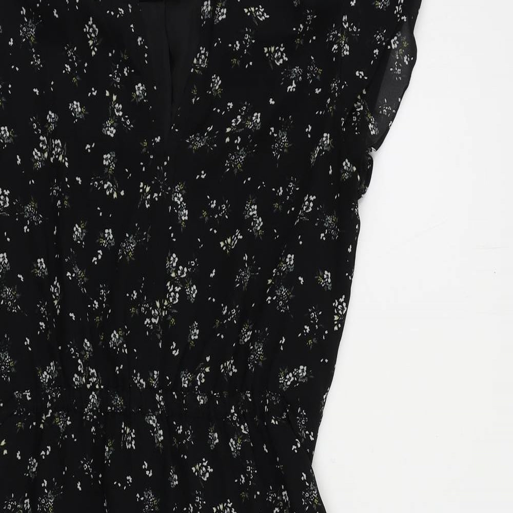 H&M Womens Black Floral Polyester A-Line Size 6 V-Neck Zip - Ruffle
