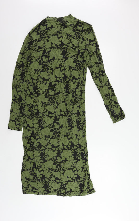 Mamalicious Womens Green Floral Viscose Bodycon Size L Mock Neck Pullover