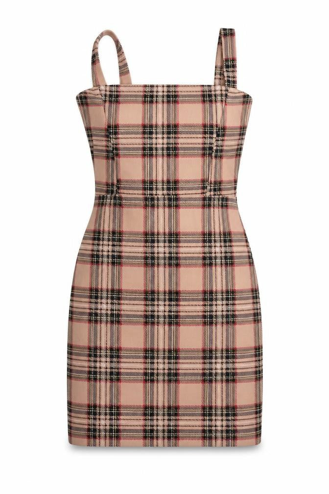 Front view of I SAW IT FIRST women’s pink plaid polyester mini, size UK 8, square neck pullover