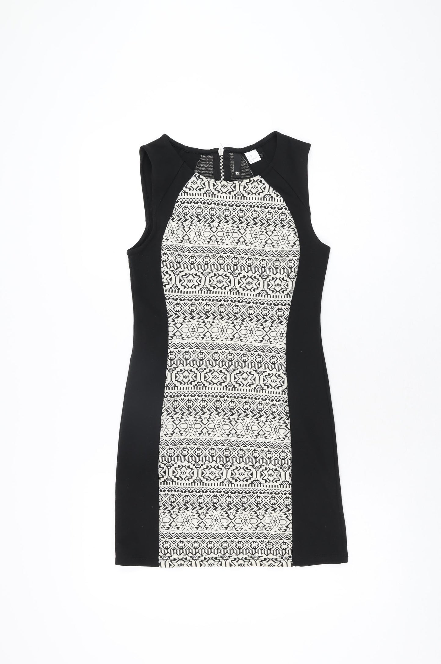 H&M Womens Black Geometric Polyester Bodycon Size 12 Round Neck Zip