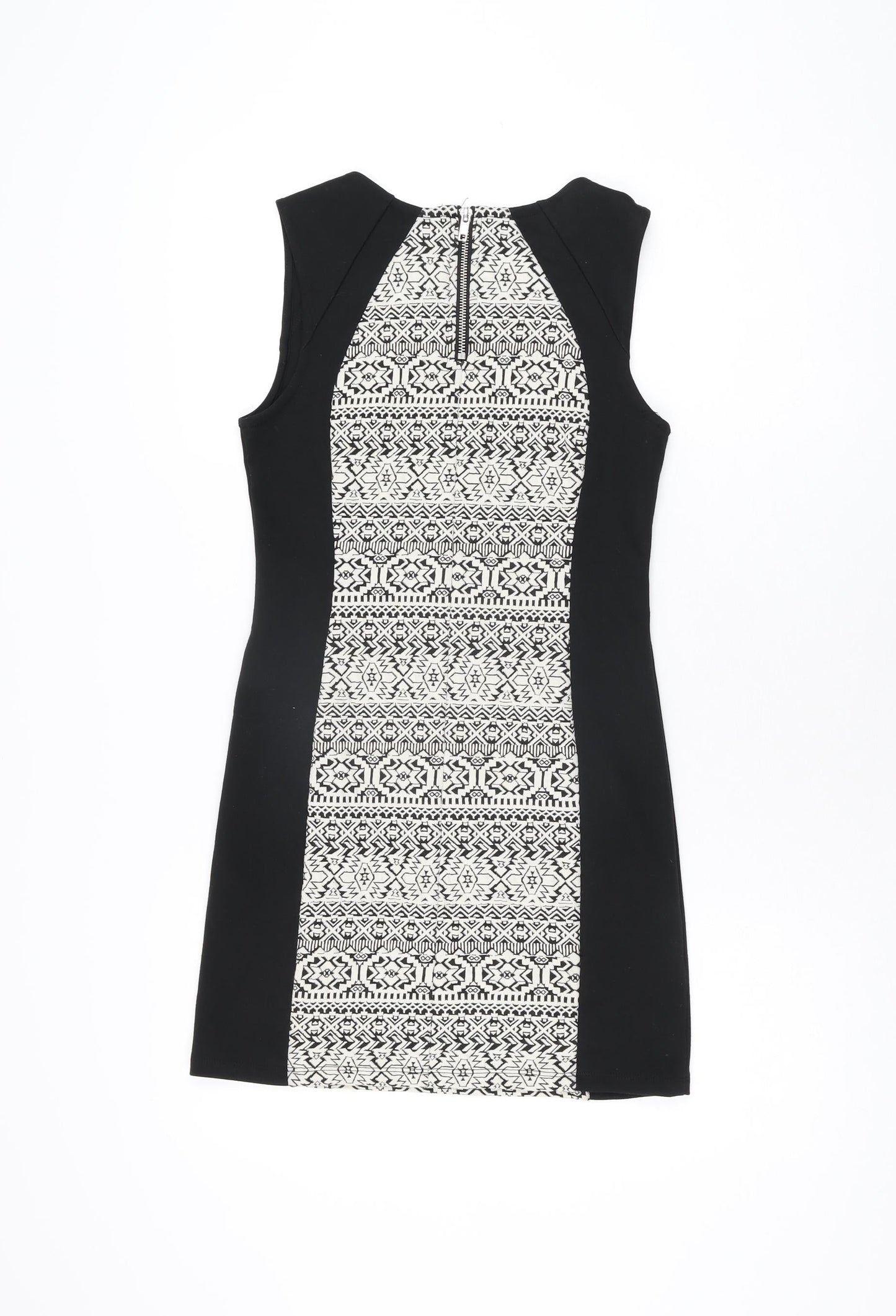 H&M Womens Black Geometric Polyester Bodycon Size 12 Round Neck Zip