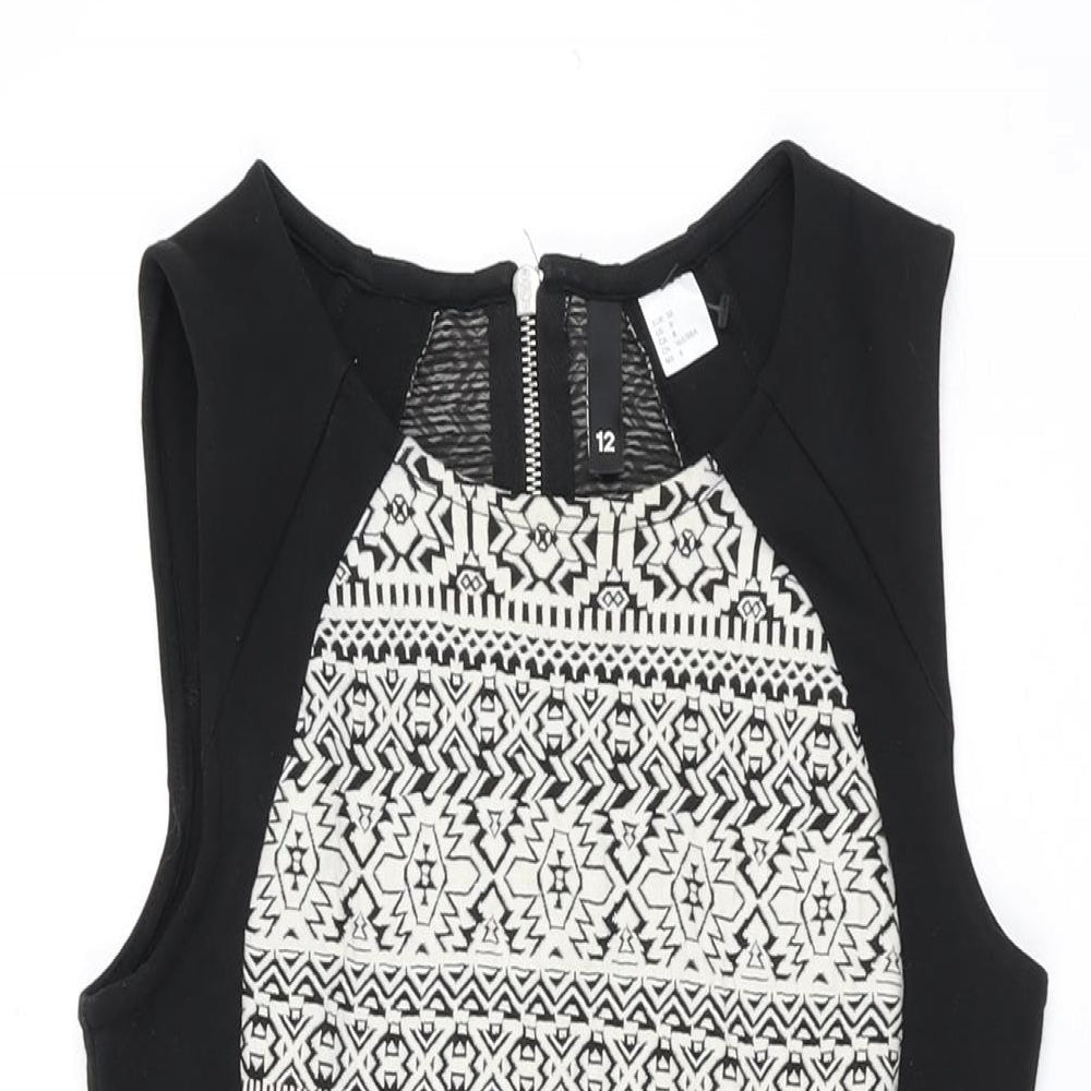 H&M Womens Black Geometric Polyester Bodycon Size 12 Round Neck Zip