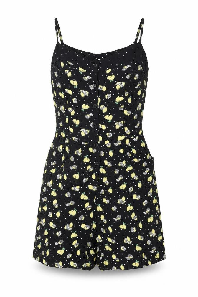 Front view of By Henry Holland women’s black geometric viscose playsuit one-piece, size UK 6, 4-inch leg button - lemon print