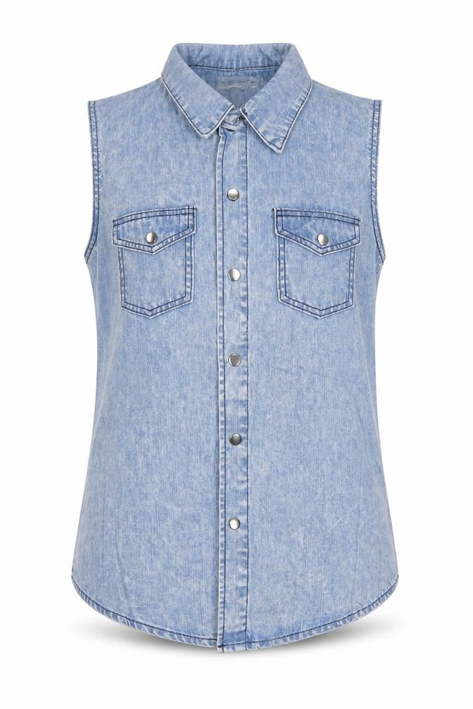 Front view of Silence + Noise women’s blue 100% cotton basic blouse, size XS, collared