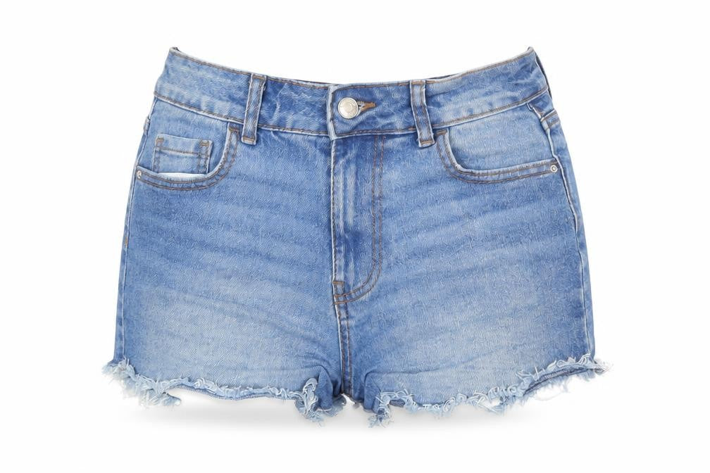 Front view of Denim & Co. women’s blue cotton cut-off shorts, size UK 6, regular zip - pockets inside leg 2-inch