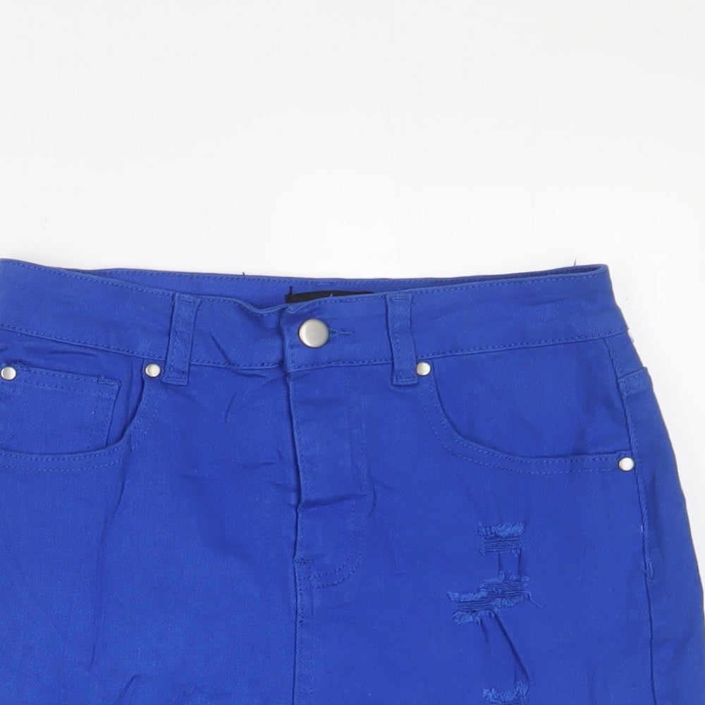 PRETTYLITTLETHING Womens Blue Cotton A-Line Skirt Size 6 Zip - Distressed, Pockets