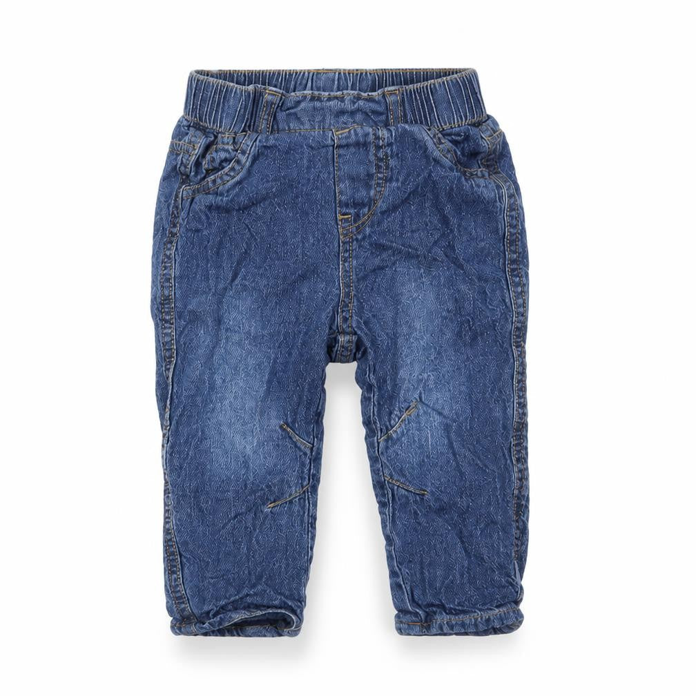 Front view of George boys’ blue cotton capri jeans, size 6-9, months pullover