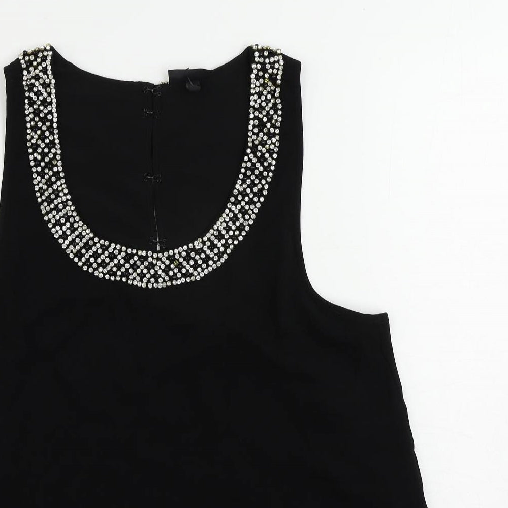 Topshop Womens Black Polyester Basic Blouse Size 12 Scoop Neck - Embellished Neckline