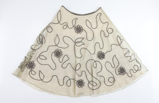 Monsoon Womens Beige Nylon Flare Skirt Size 12 Zip - Embroidered
