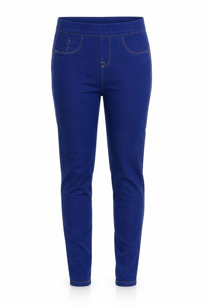 Front view of Denim & Co. women’s blue cotton jegging jeans, size UK 8, 29-inch leg regular - elastic waist