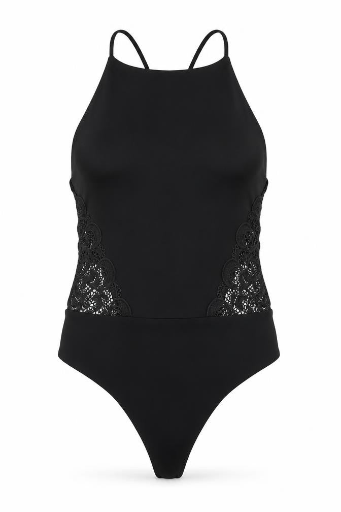 Front view of Missguided women’s black polyester bodysuit one-piece, size UK 10, snap