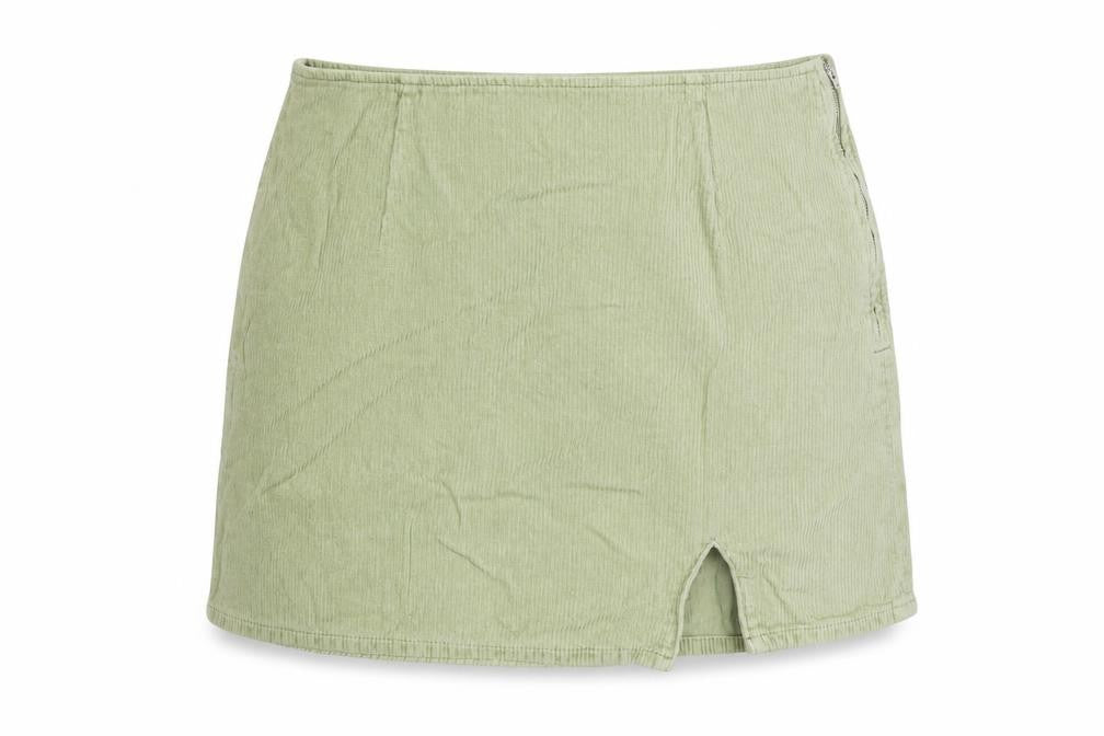 Front view of ASOS women’s green cotton a-line skirt, size UK 16, zip