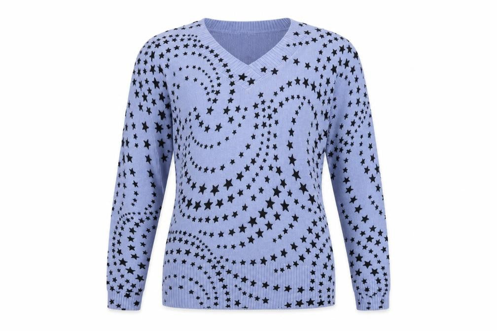 Marks and Spencer Womens Blue V-Neck Geometric Acrylic Pullover Jumper Size 8