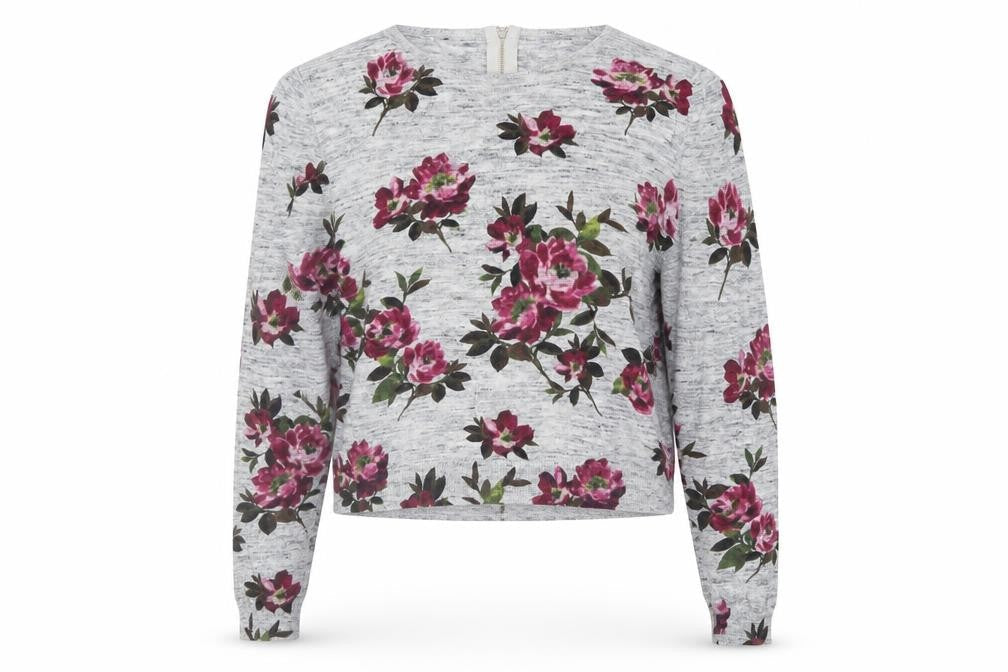 Oasis Womens Grey Round Neck Floral Cotton Pullover Jumper Size XS