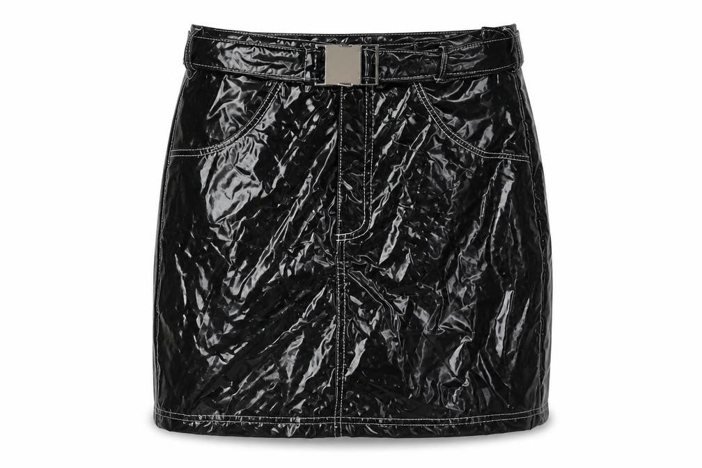 Front view of Missguided women’s black polyester mini skirt, size UK 6, zip - belted