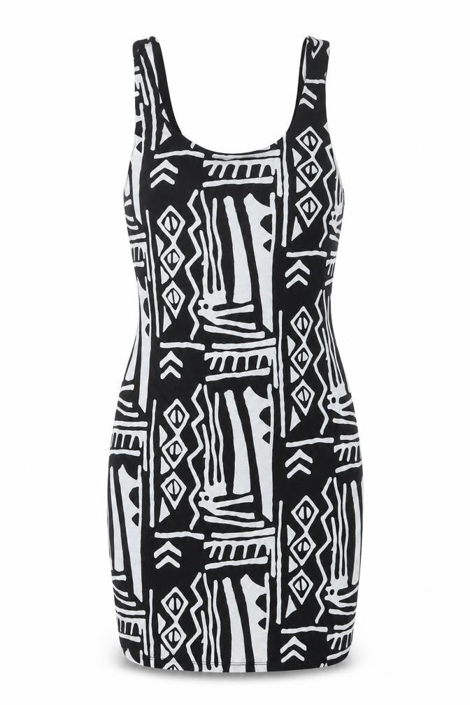 Front view of Silence + Noise women’s black geometric polyester mini, size S, scoop neck pullover