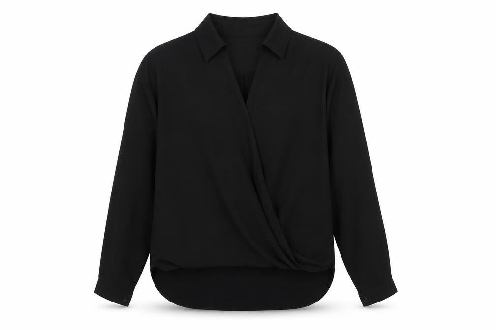 Front view of ASOS women’s black polyester basic blouse, size UK 8, collared
