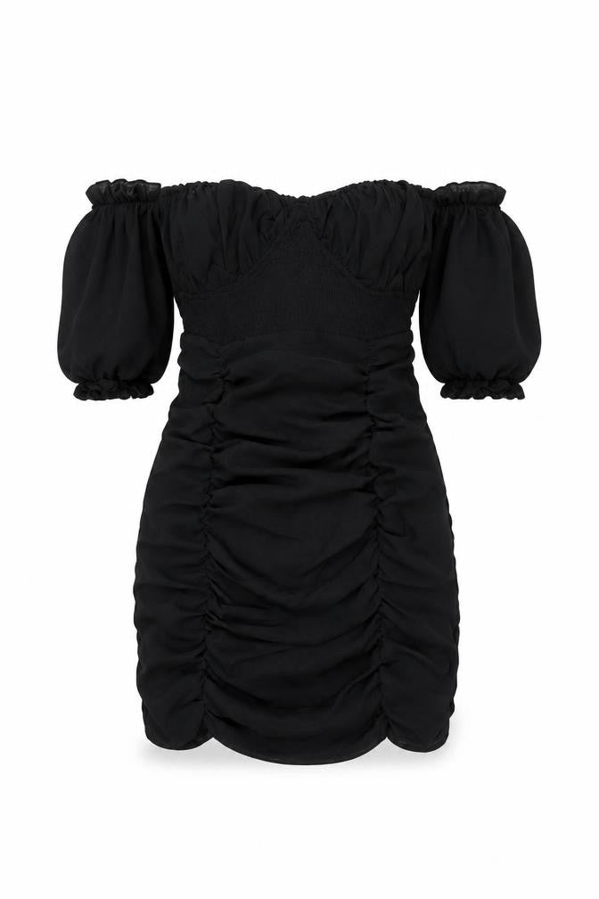 Front view of In the Style women’s black polyester mini, size UK 4, off the shoulder zip - rouched