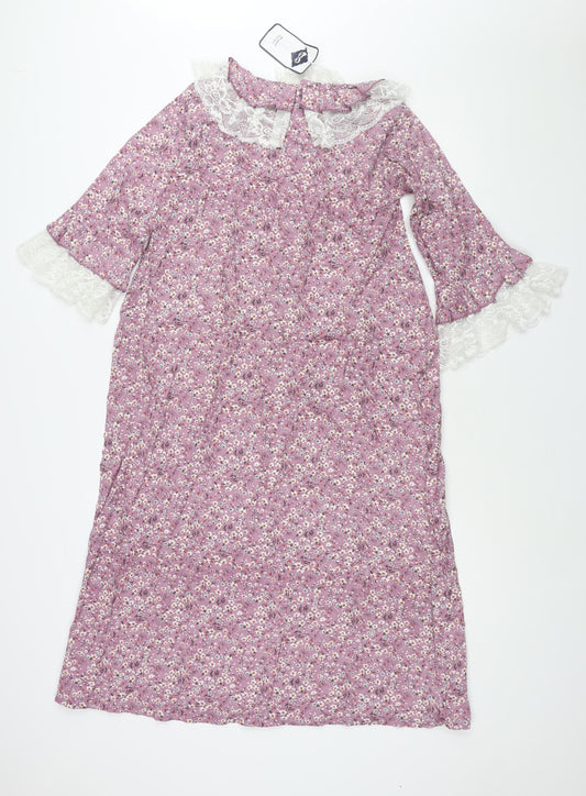 Alice Blue Womens Purple Floral Polyester Shift Size 6 Collared Button - Lace Frill