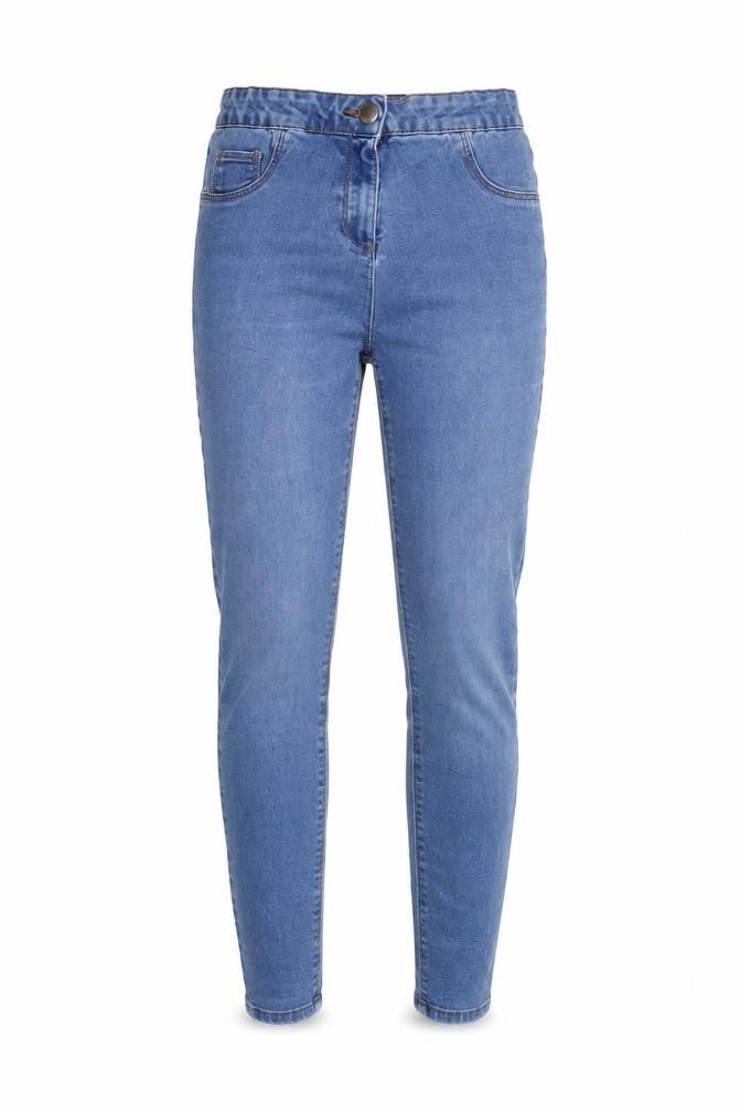 Front view of Papaya women’s blue cotton skinny jeans, size UK 10, 28-inch leg regular zip