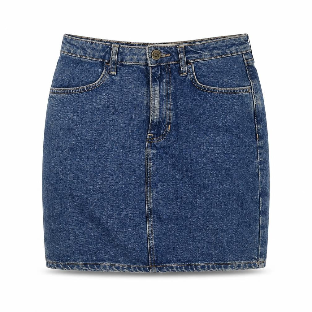 Front view of BDG women’s blue cotton mini skirt, size S, zip