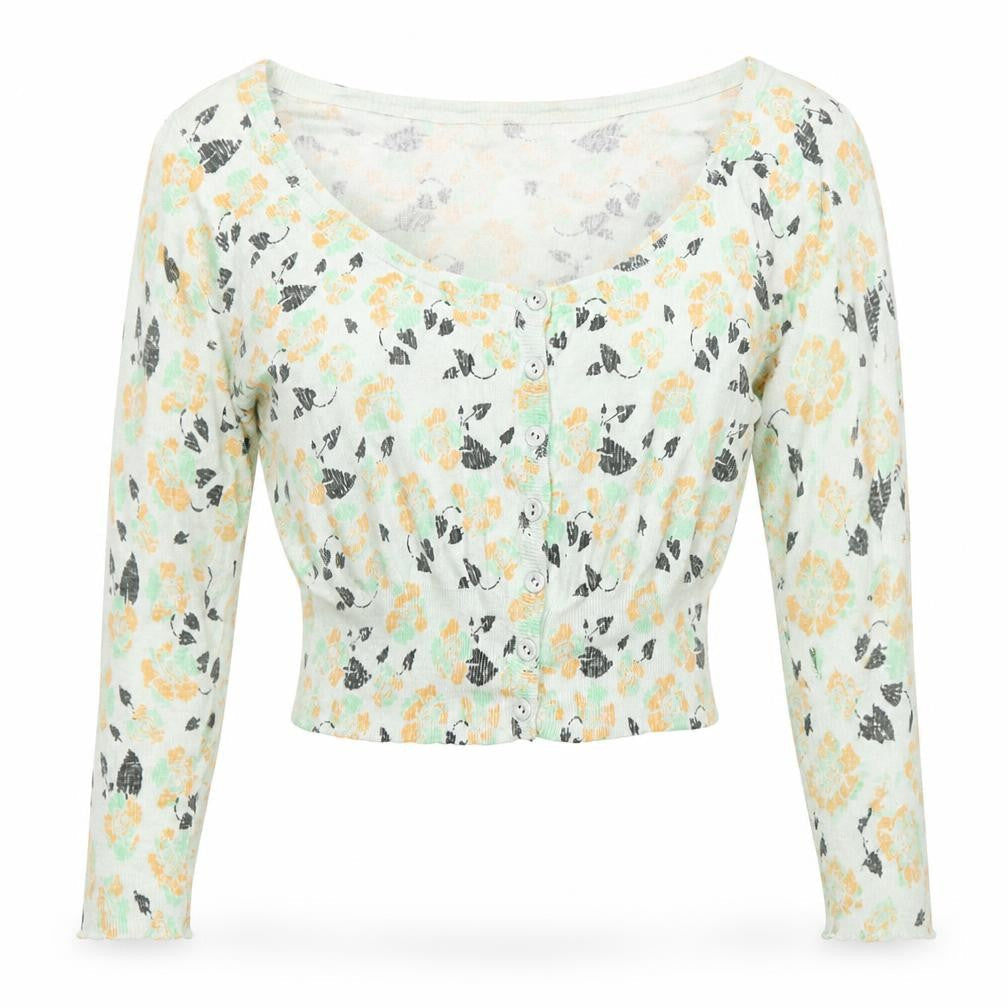 Front view of ICHI women’s green boat neck floral cotton cardigan jumper, size UK 8