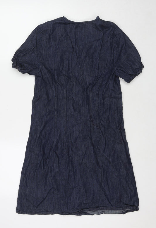 Warehouse Womens Blue Cotton Shirt Dress Size 10 V-Neck Button