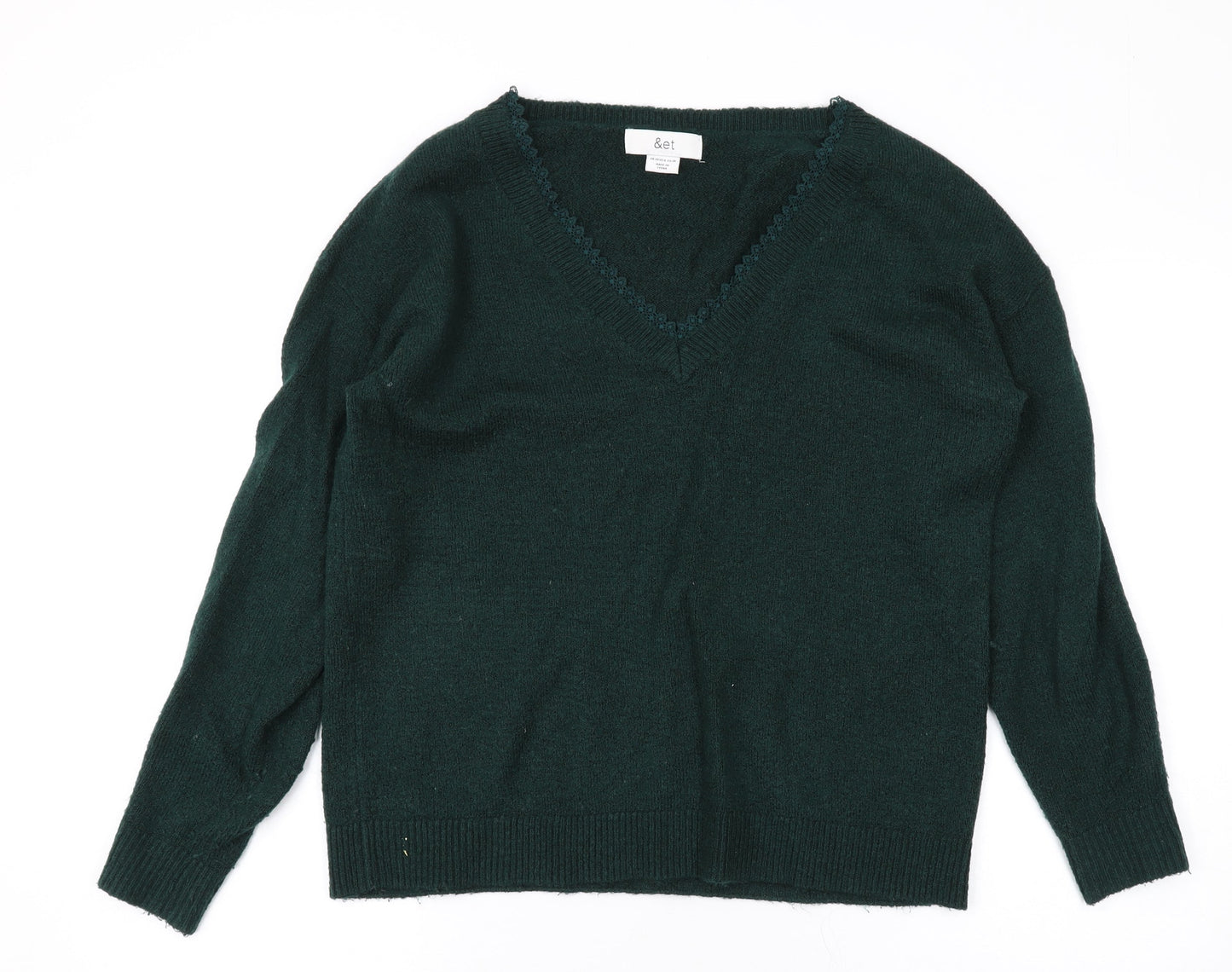 &et Womens Green V-Neck Acrylic Pullover Jumper Size 10