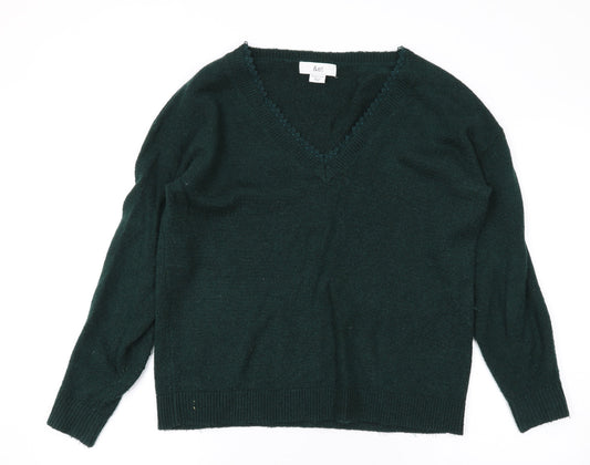 &et Womens Green V-Neck Acrylic Pullover Jumper Size 10