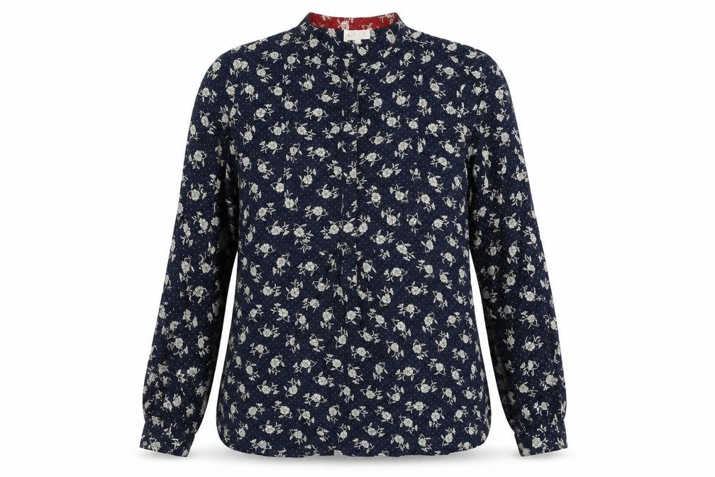 East Womens Blue Floral Viscose Basic Button-Up Size 10 Round Neck