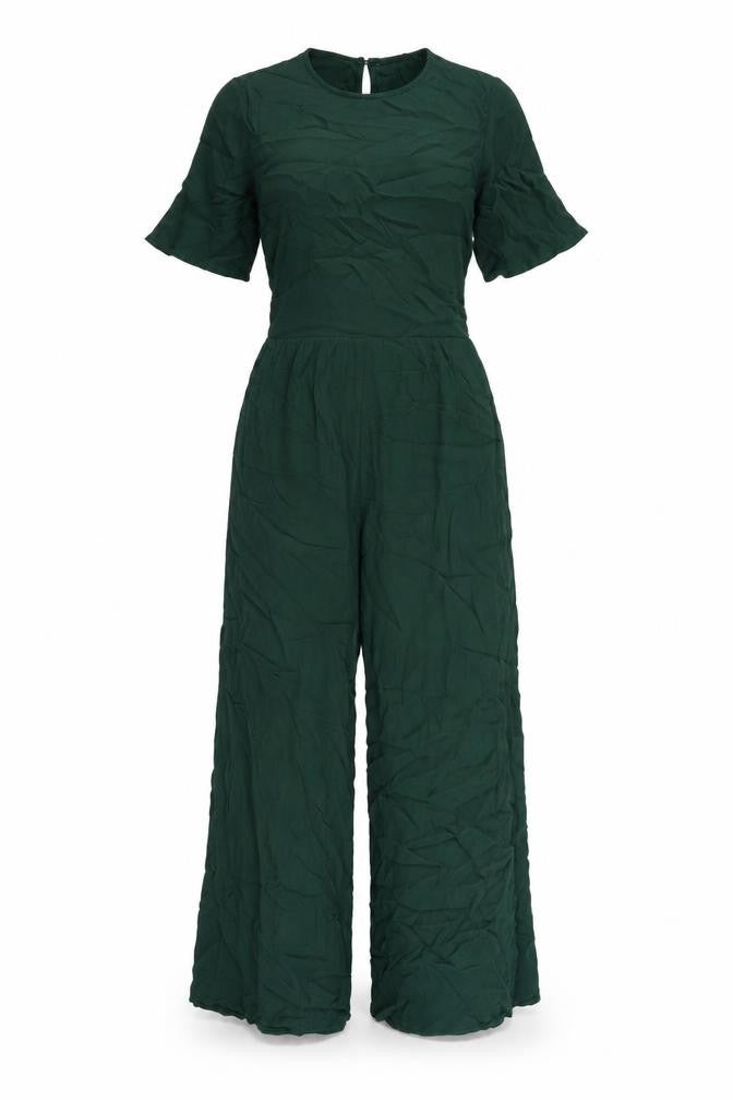 Front view of ASOS women’s green viscose jumpsuit one-piece, size UK 6, 21-inch leg button