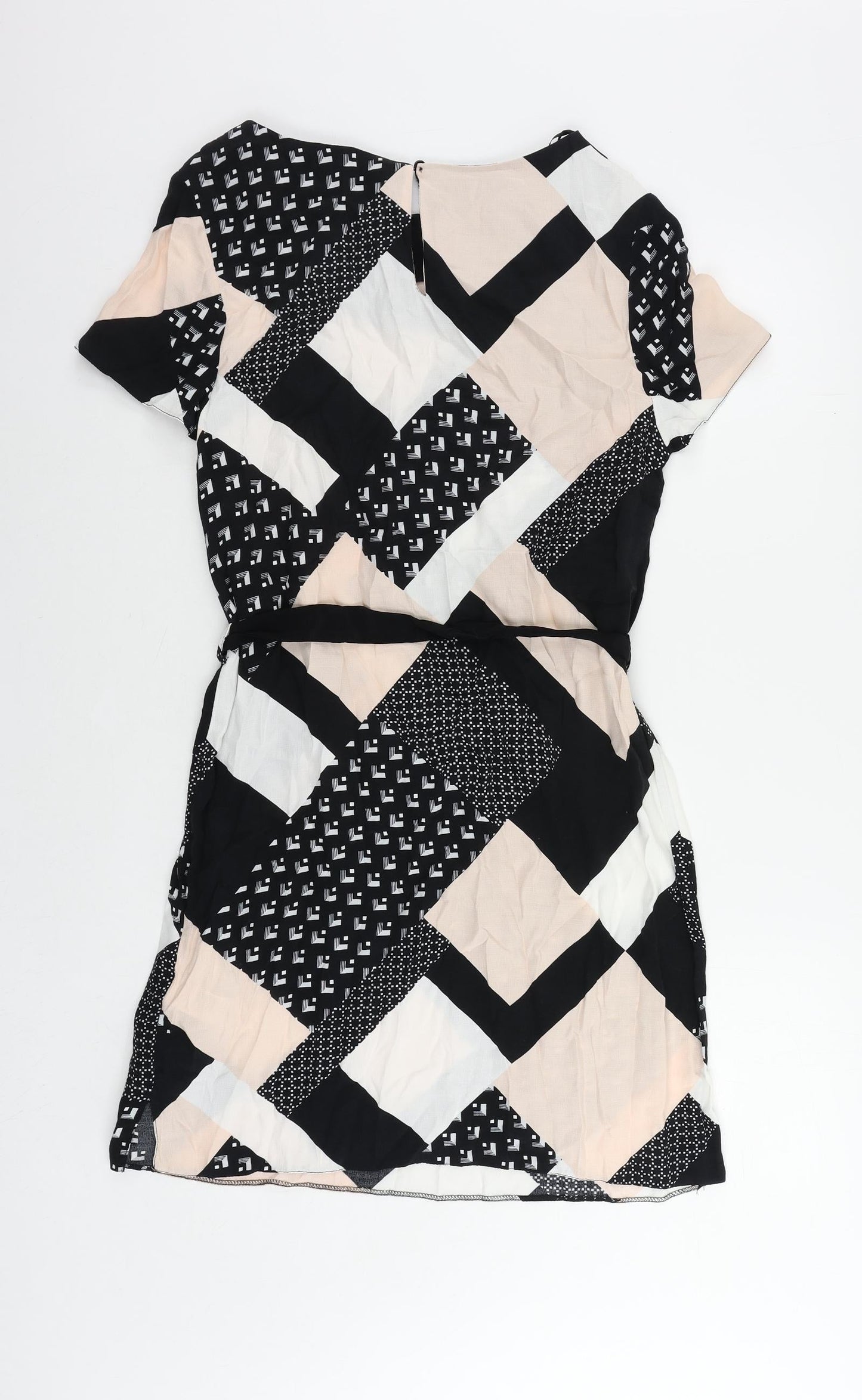 New Look Womens Black Geometric Viscose Shift Size 10 Boat Neck Button - Belted