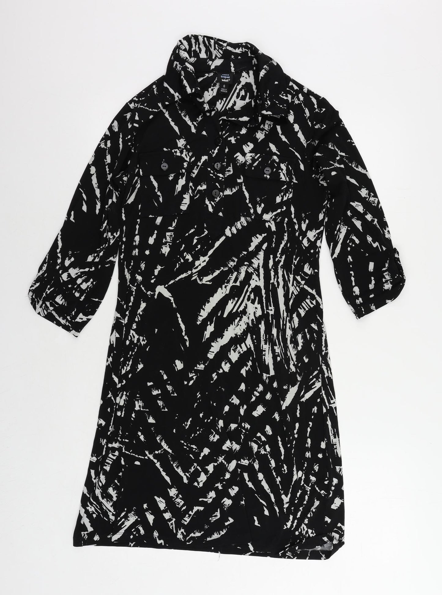 Saint Tropez Womens Black Geometric Polyester Shirt Dress Size 6 Collared Button