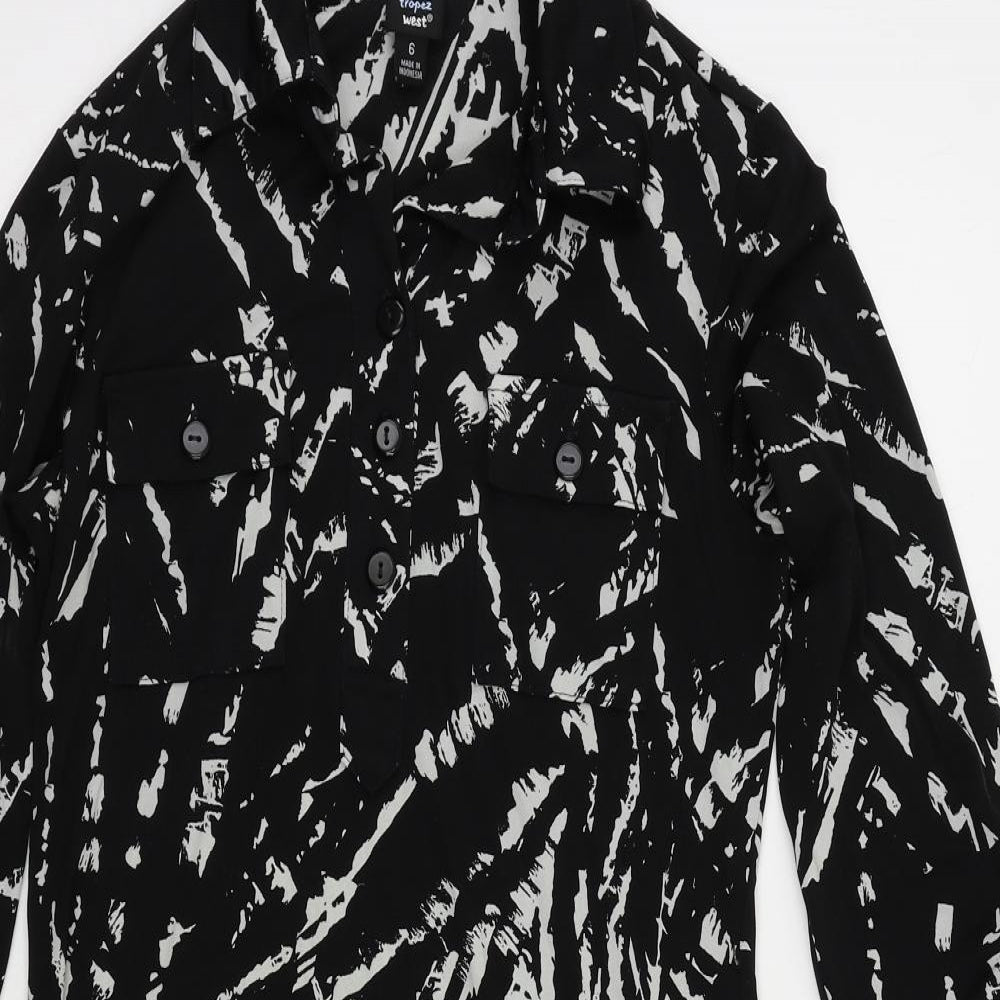 Saint Tropez Womens Black Geometric Polyester Shirt Dress Size 6 Collared Button