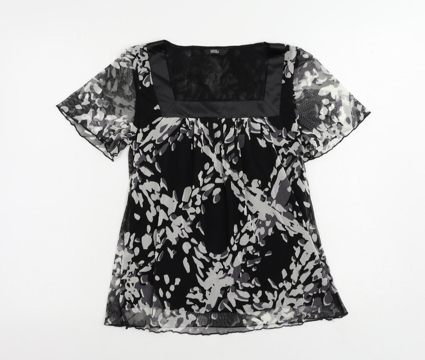 Marks and Spencer Womens Black Geometric Polyethylene Basic Blouse Size 8 Square Neck