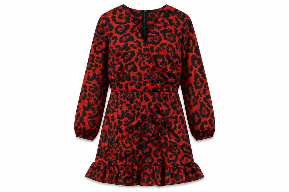 Quiz Womens Red Animal Print Polyester A-Line Size 12 V-Neck Zip - Ruffle