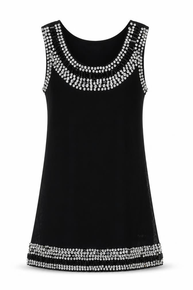 Front view of Club L women’s black polyester shift, size S, boat neck pullover - embellished