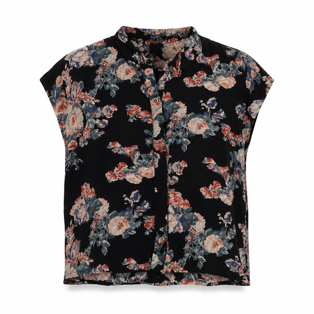 Front view of ASOS women’s black floral viscose basic button-up, size UK 6, collared