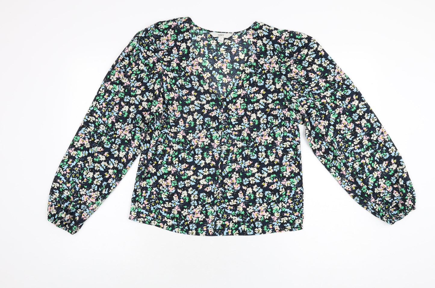 Marks and Spencer Womens Blue Floral Polyester Basic Blouse Size 8 V-Neck