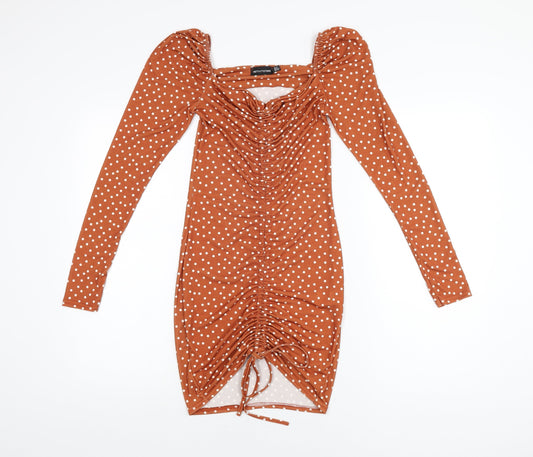 PRETTYLITTLETHING Womens Brown Polka Dot Polyester Bodycon Size 8 Sweetheart Pullover