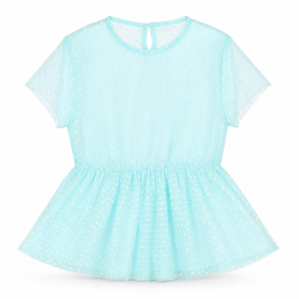 Front view of Pep&Co girls’ blue polka dot polyester basic t-shirt, size 11-12, years round neck button