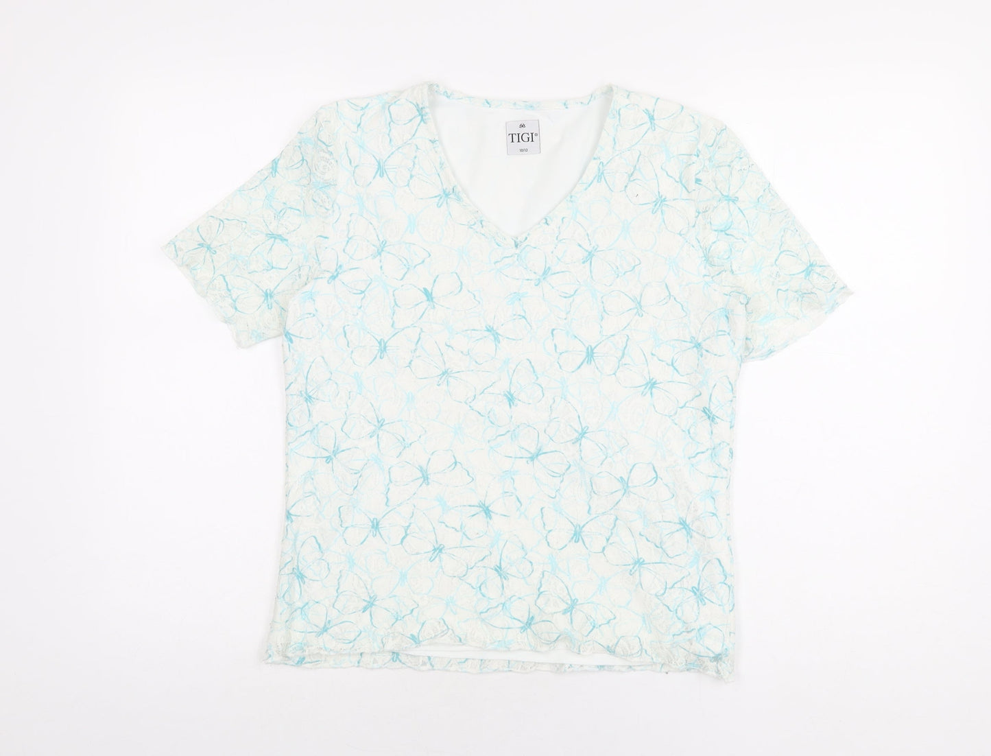TIGI Womens White Geometric Polyester Basic T-Shirt Size 10 V-Neck - Size 10-12