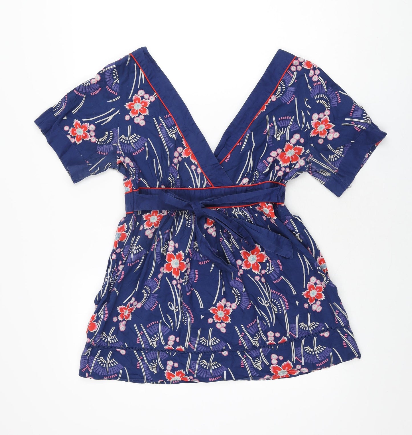 Oasis Womens Blue Floral Cotton Basic Blouse Size 12 V-Neck
