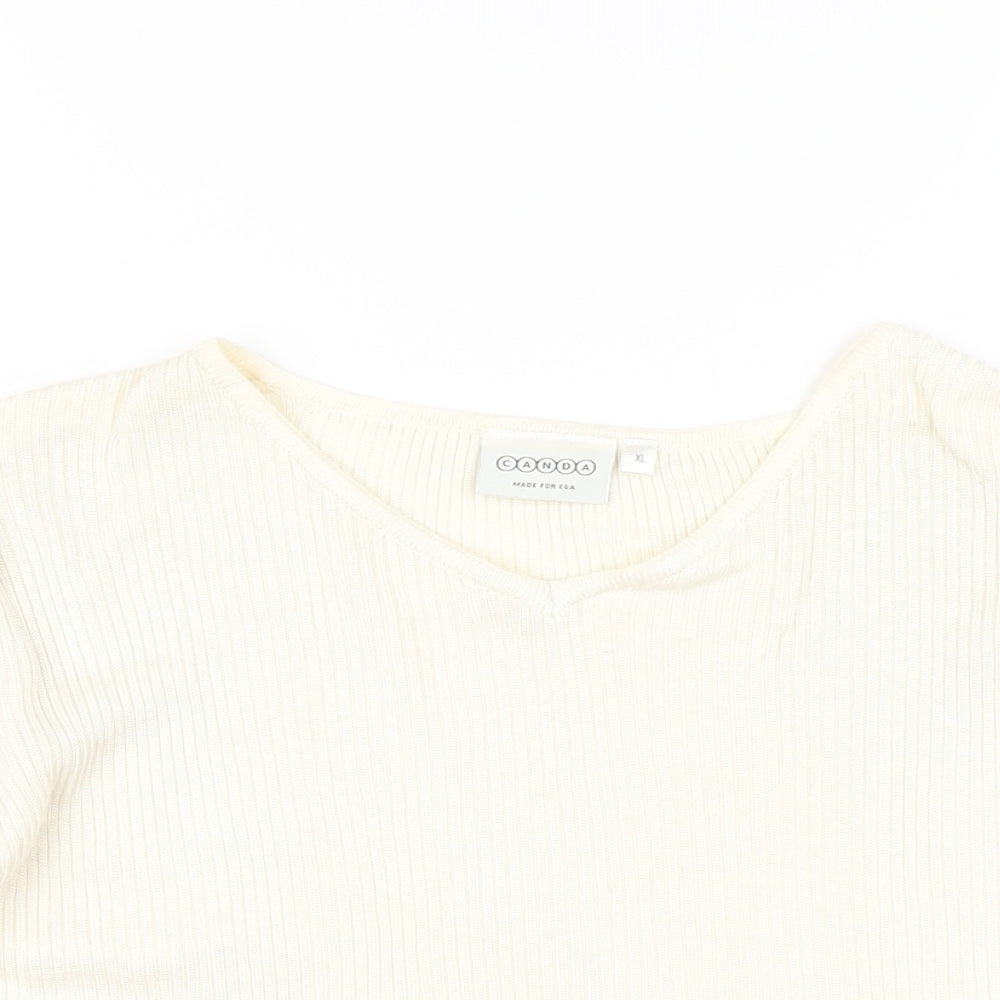 Canda Womens Ivory Cotton Basic T-Shirt Size XL V-Neck