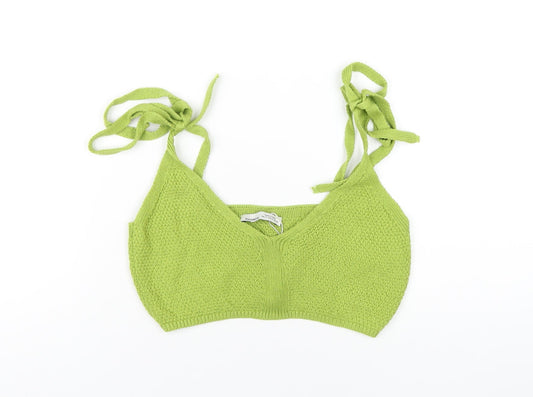 Pull&Bear Womens Green Cotton Cropped T-Shirt Size M V-Neck
