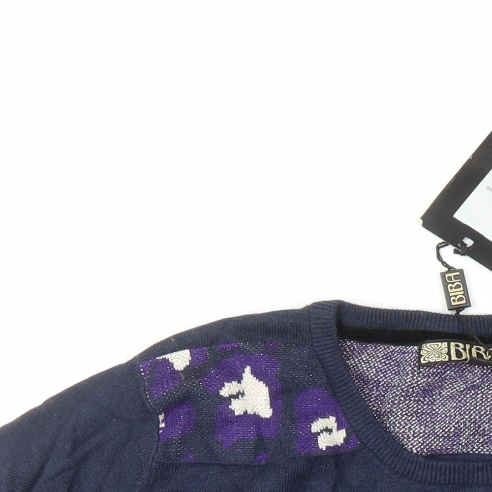 BiBA Womens Blue Round Neck Animal Print Nylon Pullover Jumper Size S - Leopard Pattern