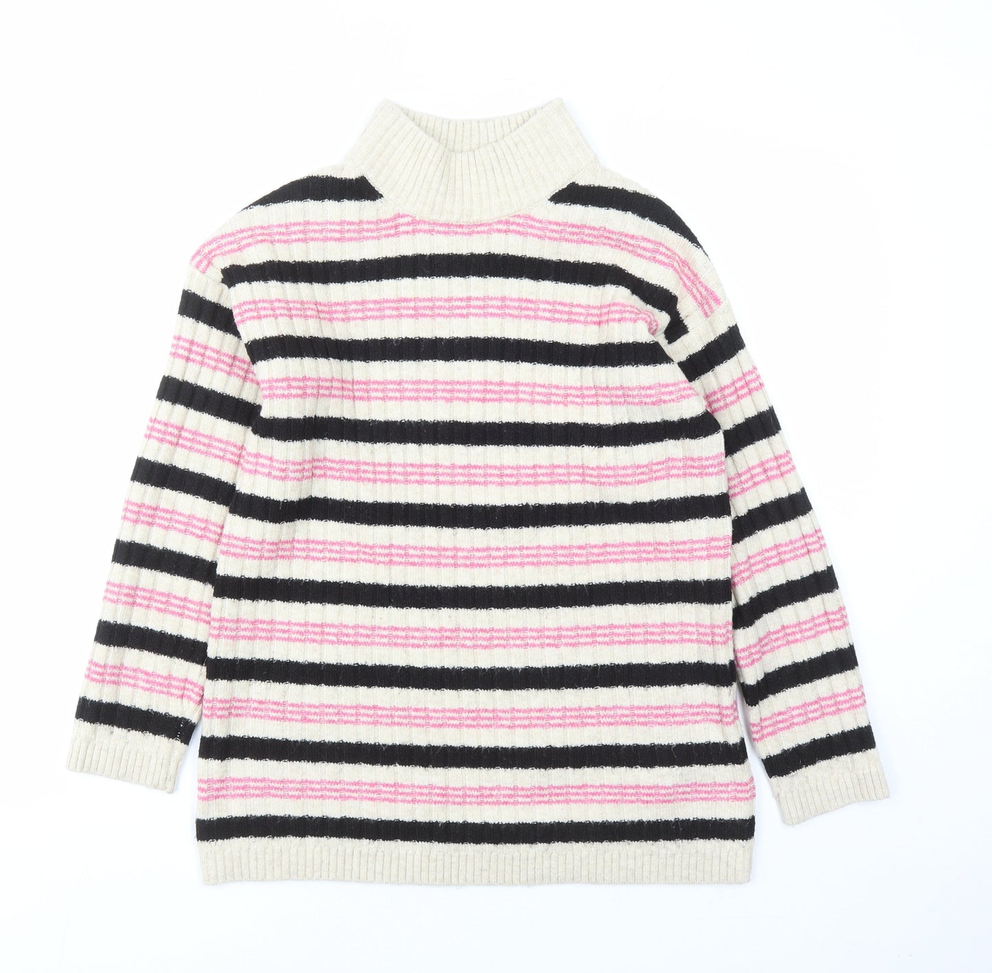 Marks and Spencer Womens Beige Mock Neck Striped Acetate Pullover Jumper Size S