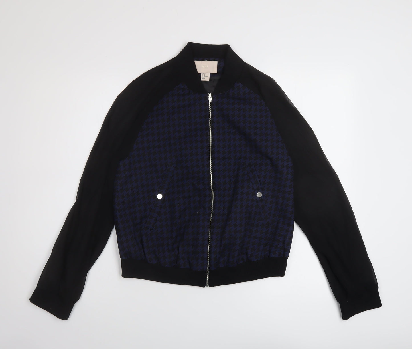 H&M Womens Black Geometric Bomber Jacket Jacket Size 6 Zip - Chiffon sleeves