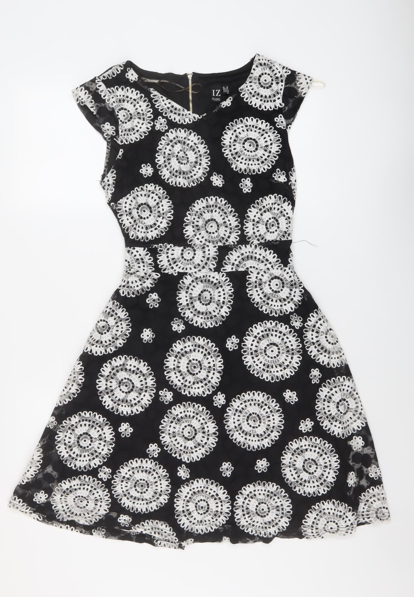 Izabel Womens Black Geometric Nylon A-Line Size 10 V-Neck Zip