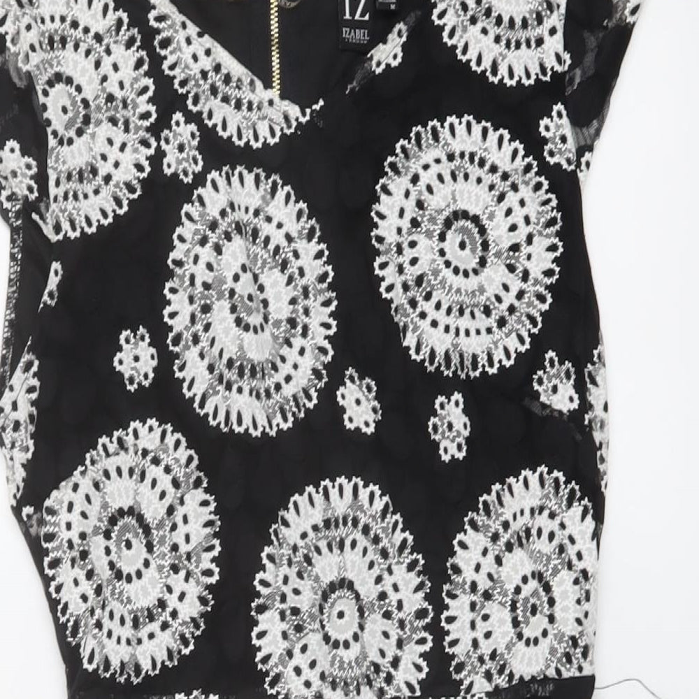 Izabel Womens Black Geometric Nylon A-Line Size 10 V-Neck Zip